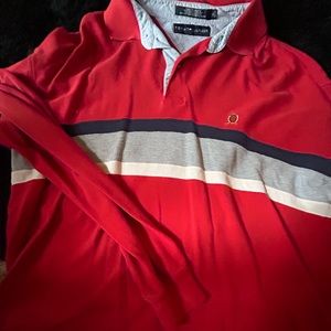 Red blue gray white, striped.